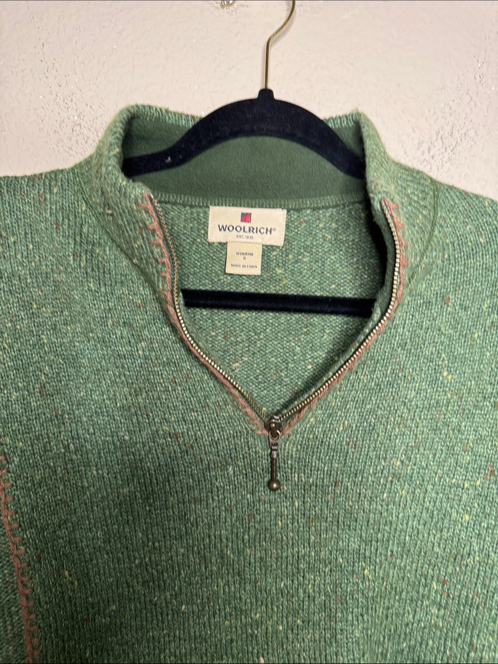 Woolrich Green Half-Zip Cowl Sweater with Subtle Tan Stitching - Picture 3 of 6